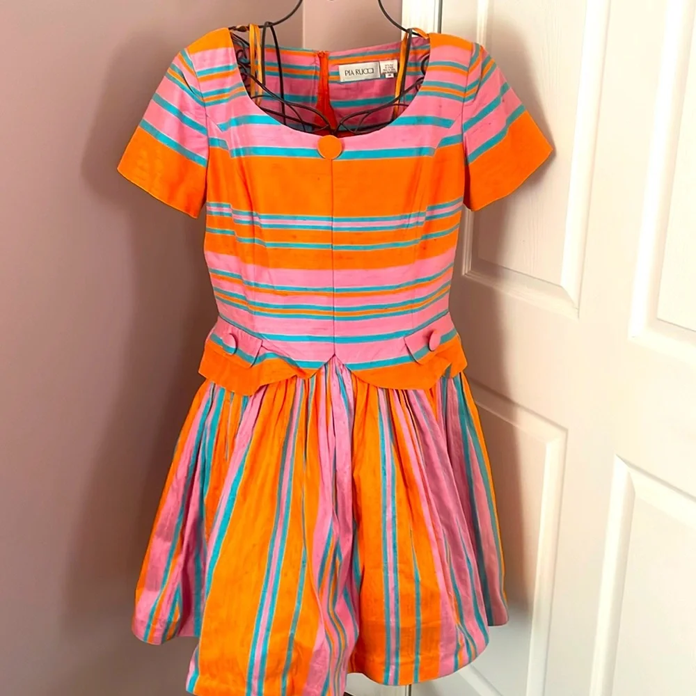 - Pia Rucci Silk Dress Stripe Short Sleeve Drop waist Size 14 - Picture 1 of 11